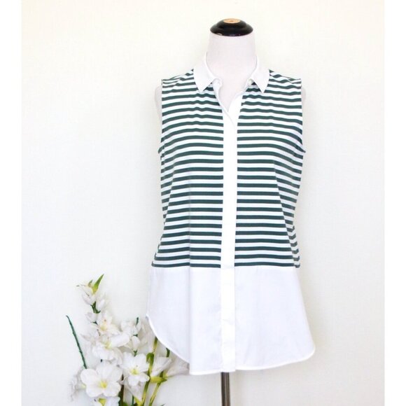 NEW! Lafayette 148 Striped Button Front Sleeveless Shirt Top Green White SZ S - Picture 2 of 7